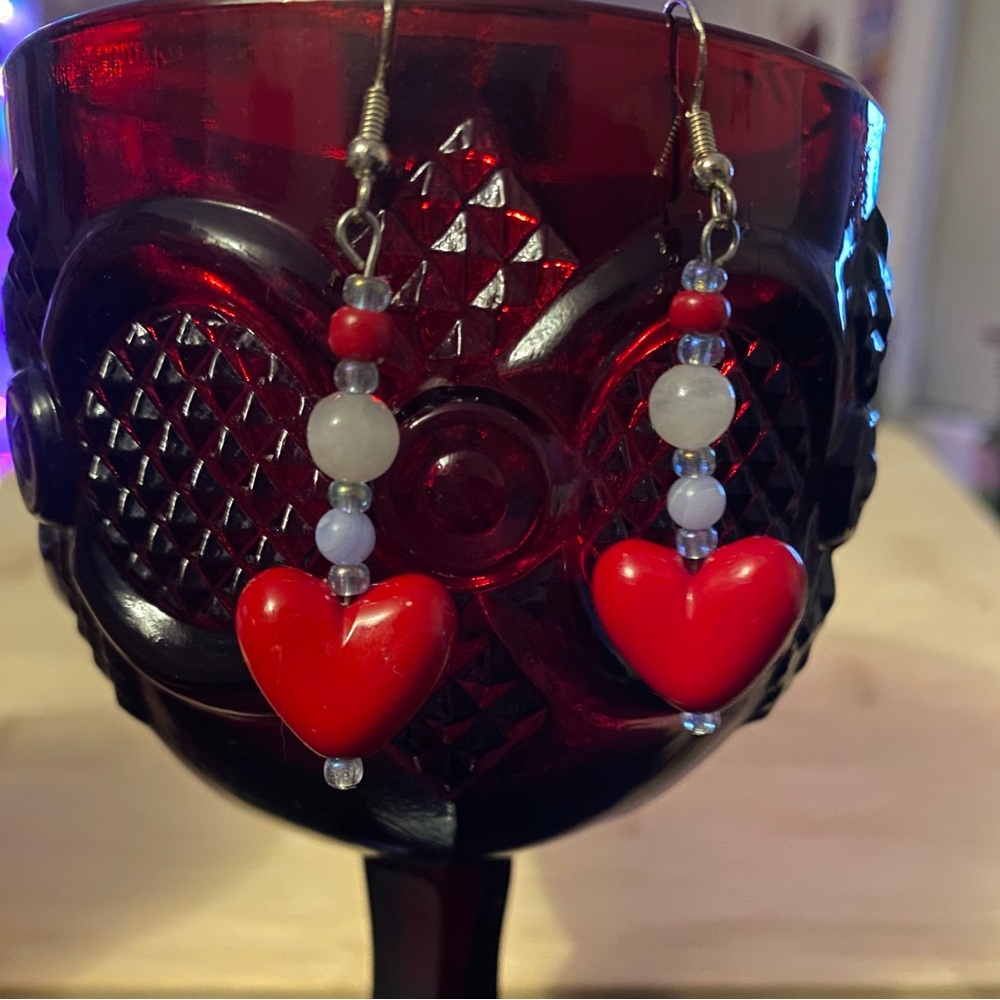 Heartthrob Earrings Heart Pendant Blue Beaded Charm Hook Drop Red Pink Bead